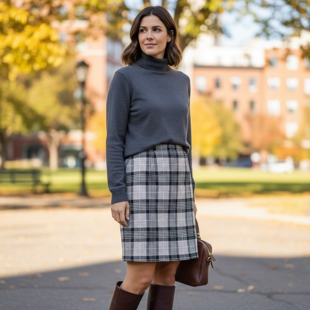 Talbots Grey Black Teal Plaid Pencil Skirt Lined Size 8 Knee Length Professional